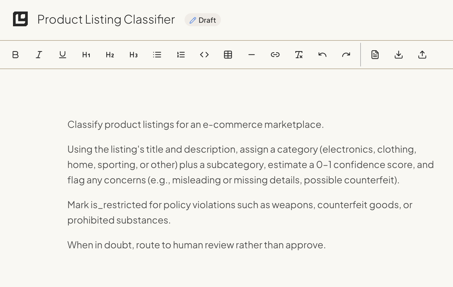 Draft product listing classifier specification in Logic's editor describing categories, confidence scoring, policy flags, and escalation to human review
