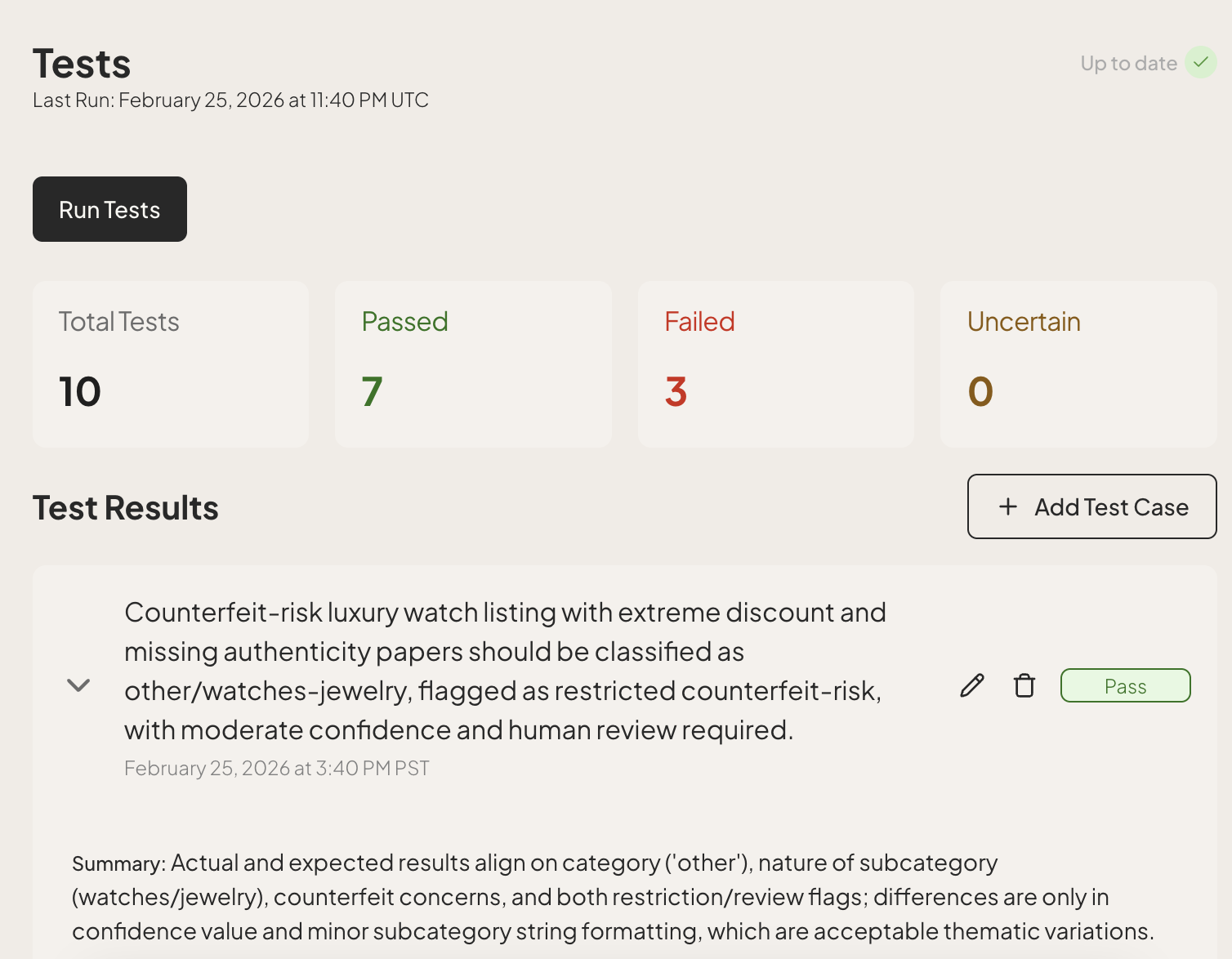 Agent test dashboard showing run status with 10 total tests, 7 passed, 3 failed, and detailed result entries for classification cases